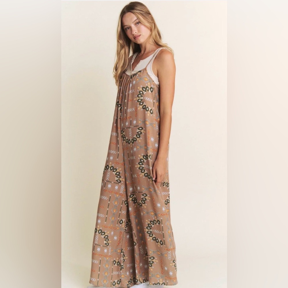 Jade By Jane Boho Aztec Print Wide Leg Sleeveless Jumpsuit in Tan With Pockets - Picture 2 of 11